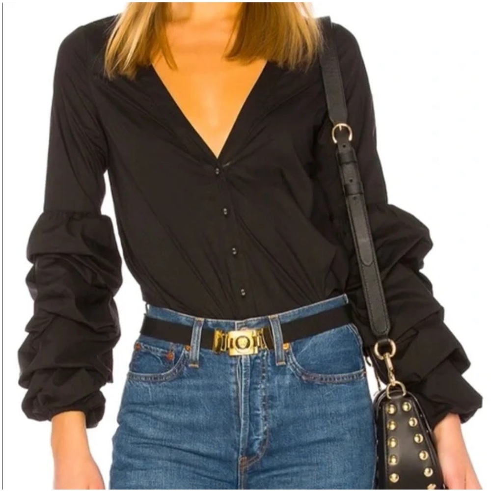 L’Academie Los Angeles Black V-Neck Button Front Puff Sleeve Blouse | Size Small